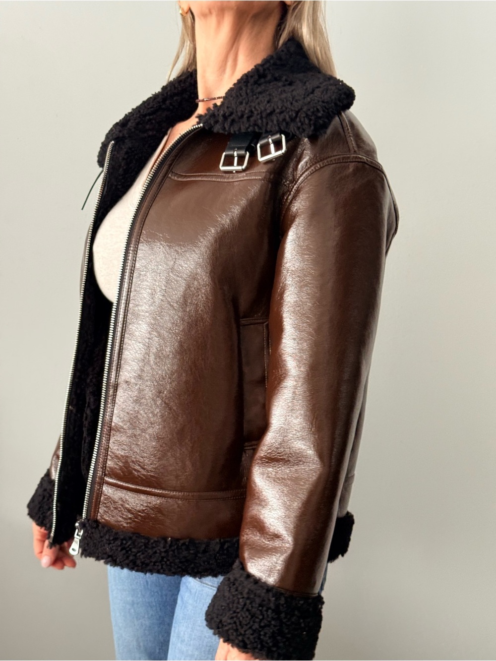 Mango Brown Faux Leather Aviator Jacket with Shearling Trim – Size S